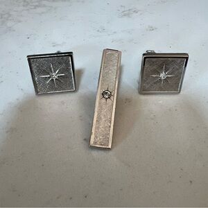 Elegant Silver Tone Cufflinks and Tie Clip Set
